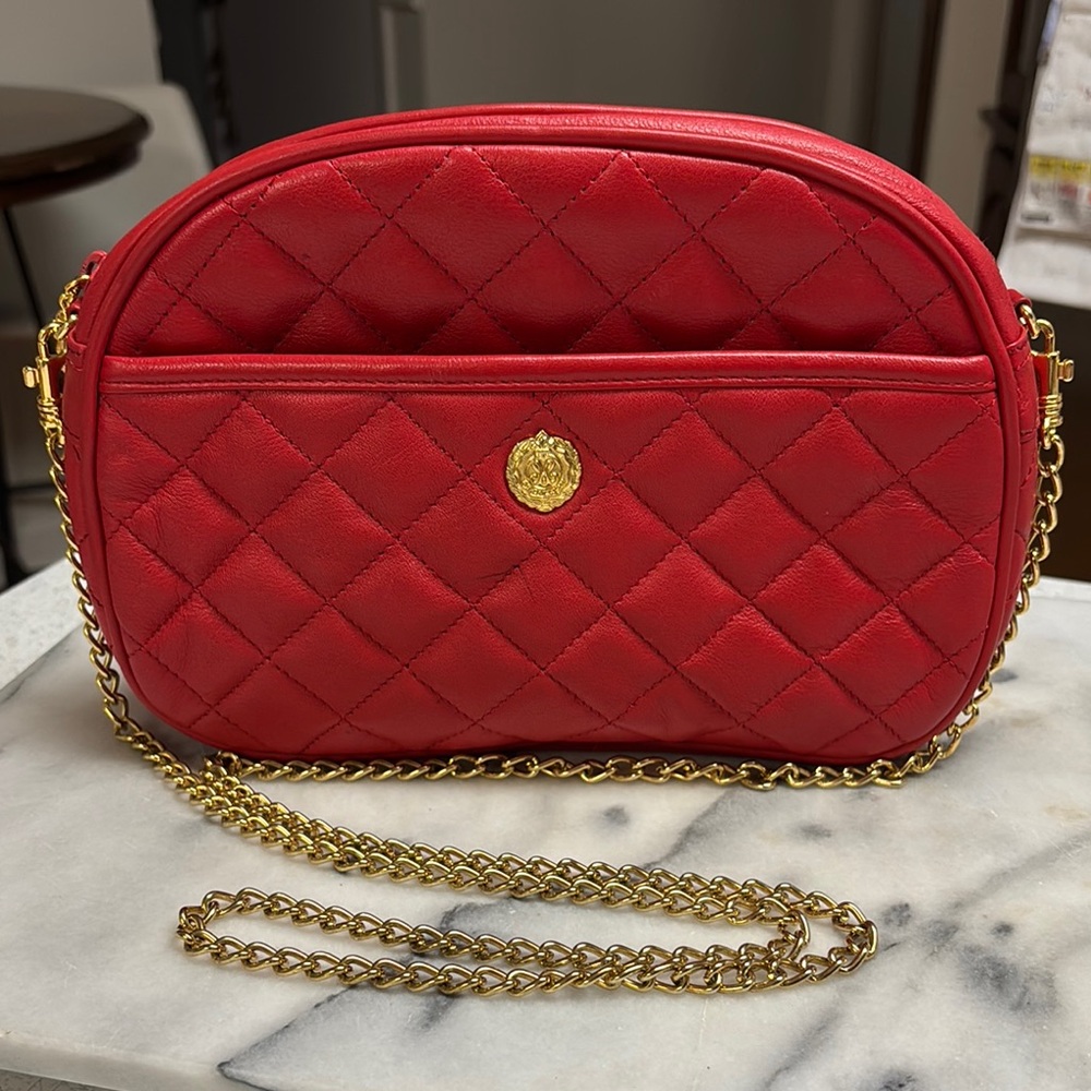 Red Quilted Chain Shoulder Bag by Medallion.
